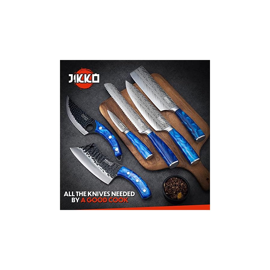 Jikko New Reinforced Carbon Steel Japanese Kitchen Knife Set – DiamondRazor Series – Ultra Sharp Japanese Knife Set & Chef Knife Set with Ocean Blue Handles – Professional Chef's Knives