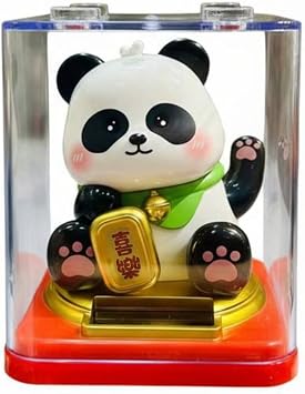 Lucky Panda Waving Arm with Dust Cover & Non-Slip Base, Solar Powered Fortune Panda Ornament, Lovely Chinese Panda Statue for Home Office Store Car Decor, Joy Panda