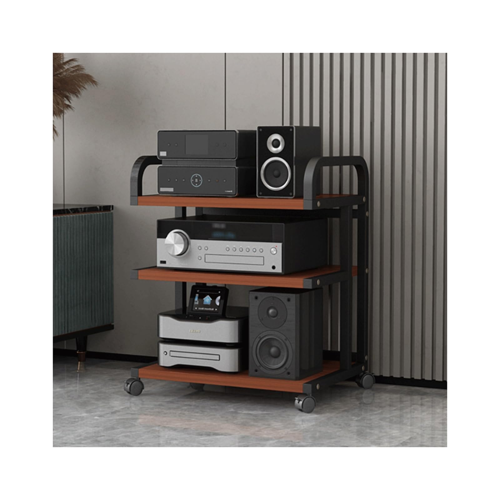 Support stéréo à roulettes marron à 3 niveaux pour console et lecteur CD