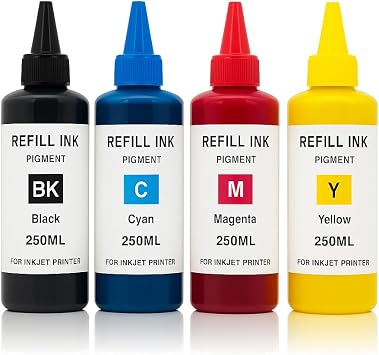 250ML Pigment Refill Ink Bottles Black, Cyan, Magenta, Yellow Universal Compatible with Inkjet Printers Fade-Resistant 8oz Bulk Refill Ink