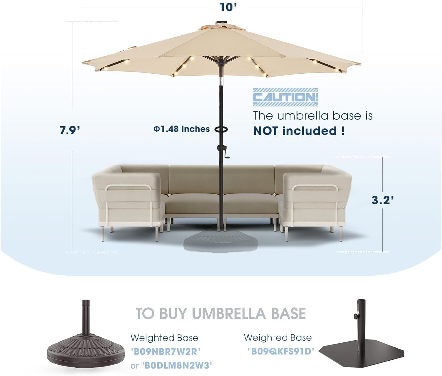 wikiwiki 10ft Solar Led Patio Umbrella, Sturdy Outdoor Market Umbrella for Deck, Pool, Garden w/Tilt, Crank, 32 LED Lights, Beige