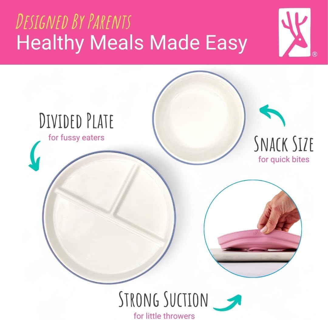 Elk and Friends Kids Porcelain Mealtime Bundle | Suction Sleeves | 6.7" Plates & Bowls | 8 Pcs | Microwave & Dishwasher Safe