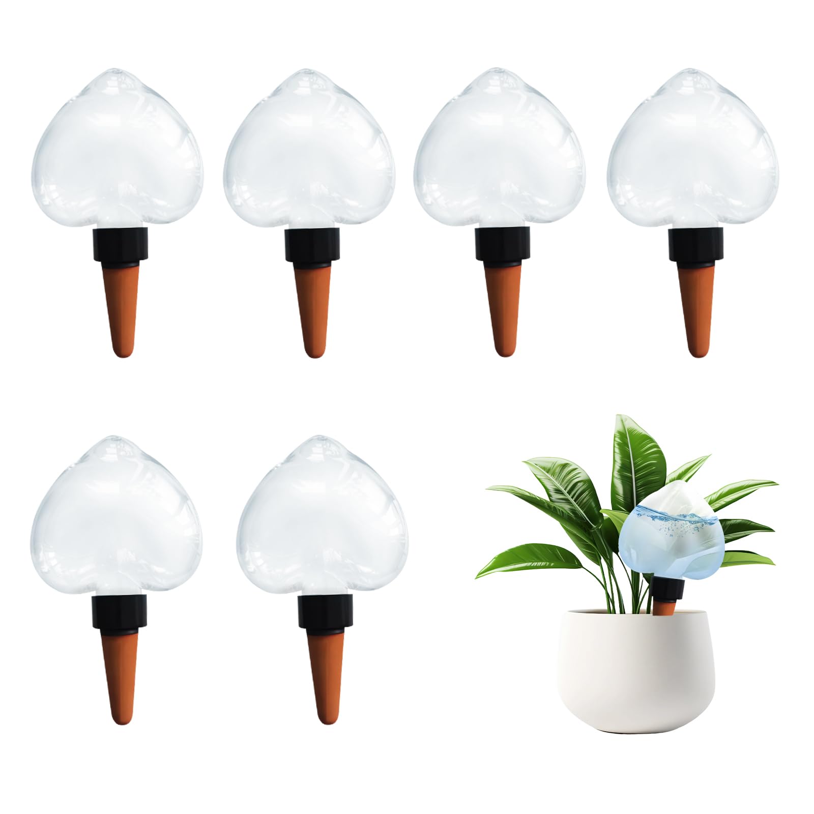 Lot de 6 globes d'arrosage automatique en forme de cœur avec système d'arrosage goutte à goutte à libération lente pour plantes d'intérieur et d'extérieur.
