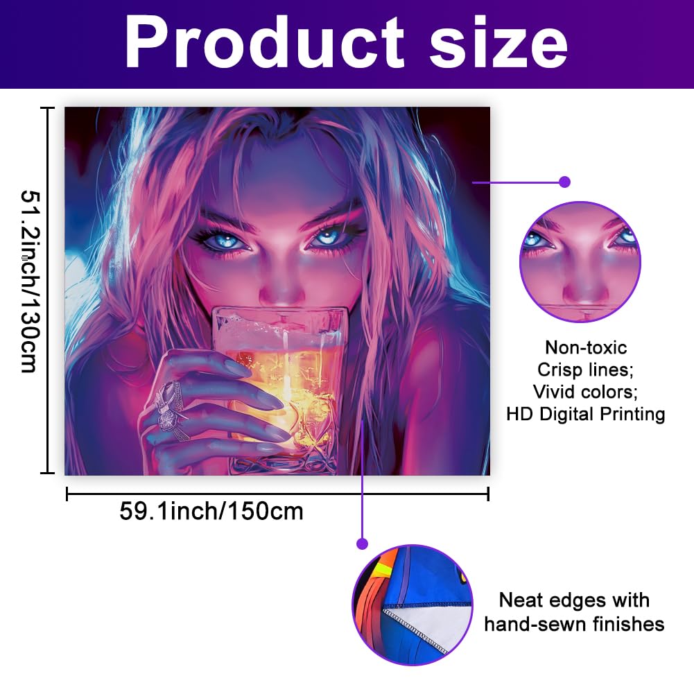 WEBEEDY Black Light Cool Women Anime Tapestry for Bedroom UV Reactive Aesthetic Tapestry Glow In The Dark Party Backdrop Decoration for Dorm Living Room Home Photo Shoot Prop (150x130cm) - Image 2