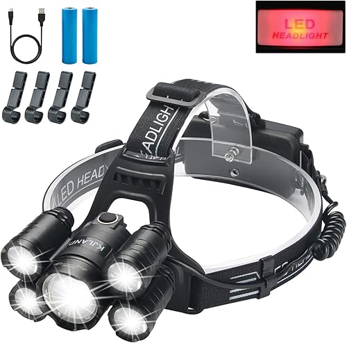 Linterna frontal recargable, 2000 lúmenes, ultra brillante, 5 LED, para adultos, linterna impermeable con zoom, luz de casco duro para trabajo al