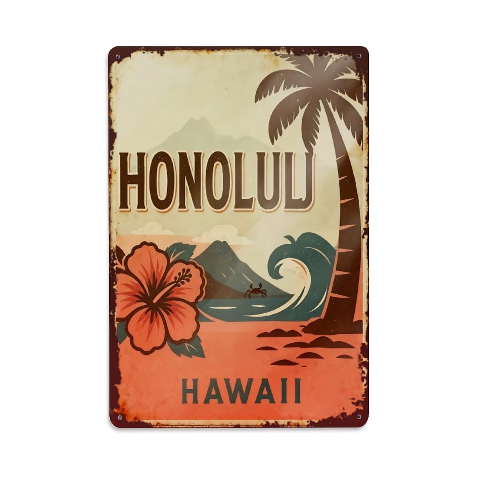 Jdfenggu Vintage Hawaiian Palm Wave Flower Mountain Retro Metal Tin Sign, Decor Art Poster For Bar, Home, Man Cave, Kitchen, Laundry Room Gift 8X12inch