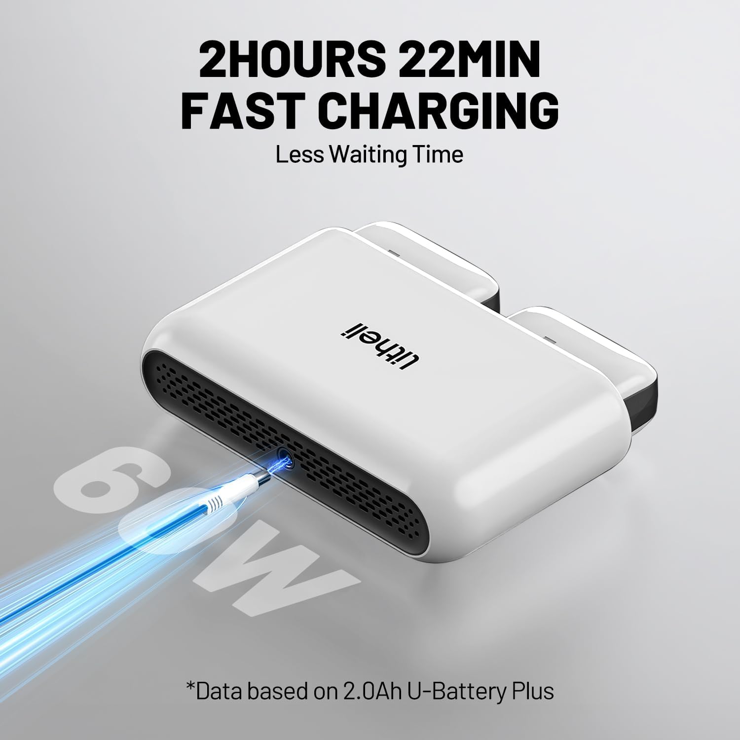 LiTHELi U20 Dual Battery Charger with batteries inserted, showing charging status