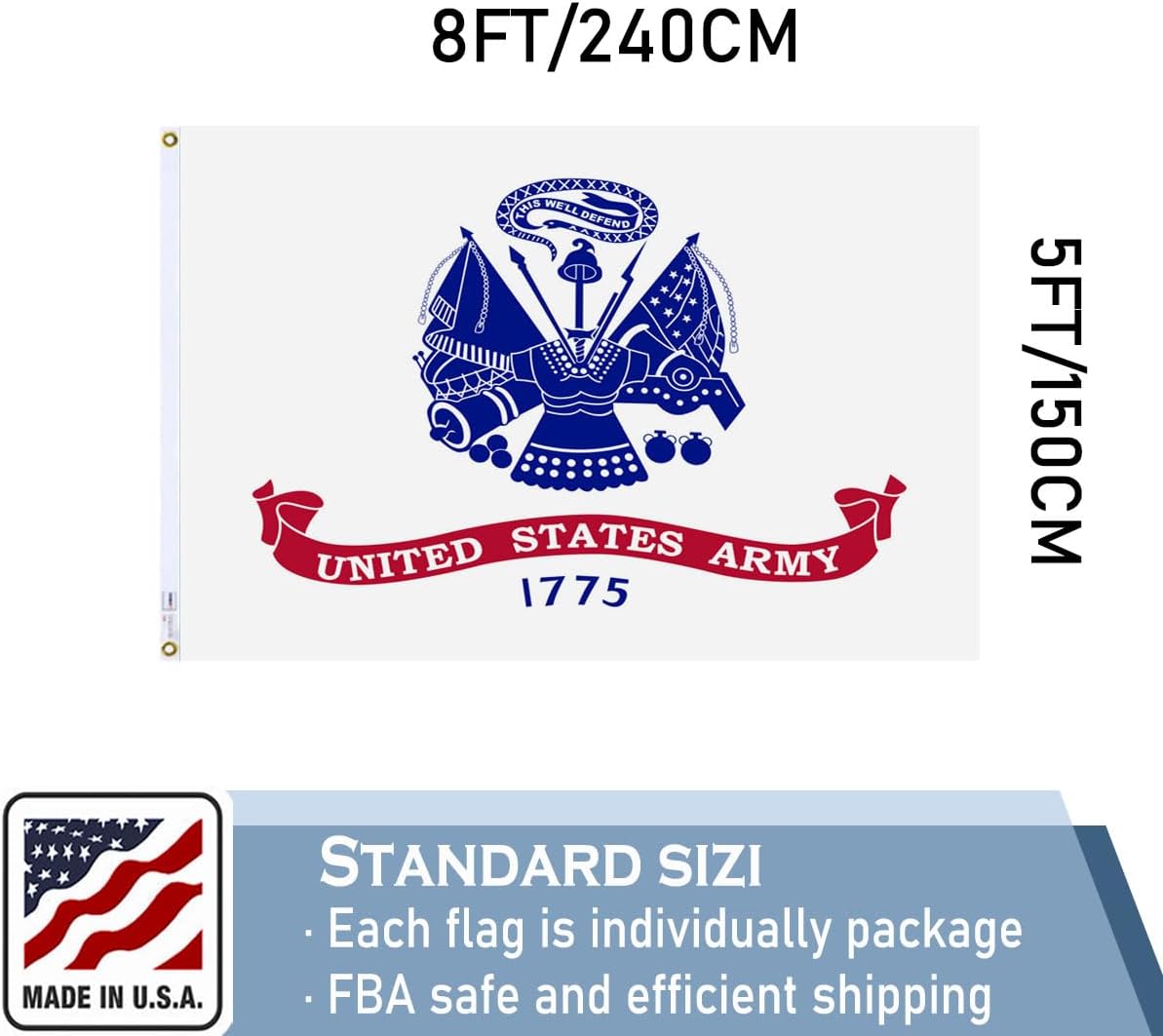Army US Military Flag 5x8 FT 100% Made in The USA-Heavy Duty Vibrant colors Double Sided White Army Flag with 3 Brass Grommets for Home/Company/Indoor Outdoor Decoration