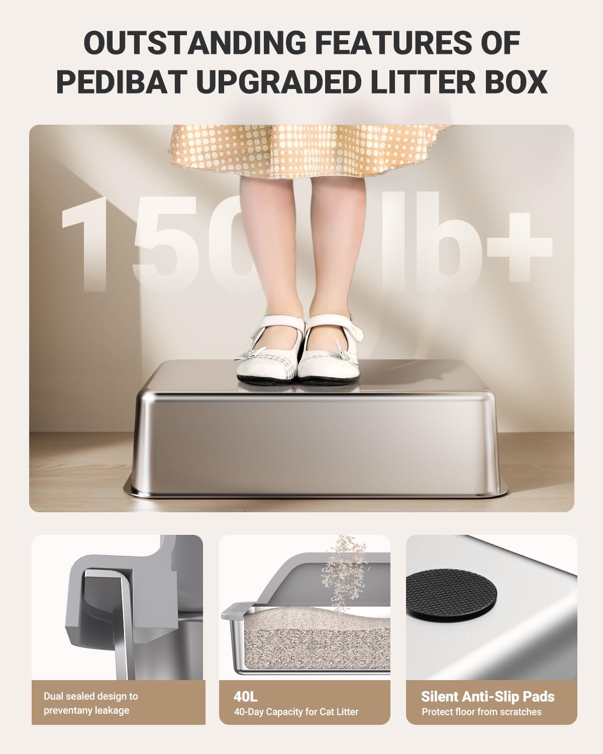 PEDIBAT XL Stainless Steel Litter Box, Extra Large Metal Cat Litter Box with High Sided for Big Cats, Enclosed Litter Boxed with Lid, Easy-Clean Cat Litter Mat & Scoop Kit, Anti-Urine Leakage (Grey) - image 7