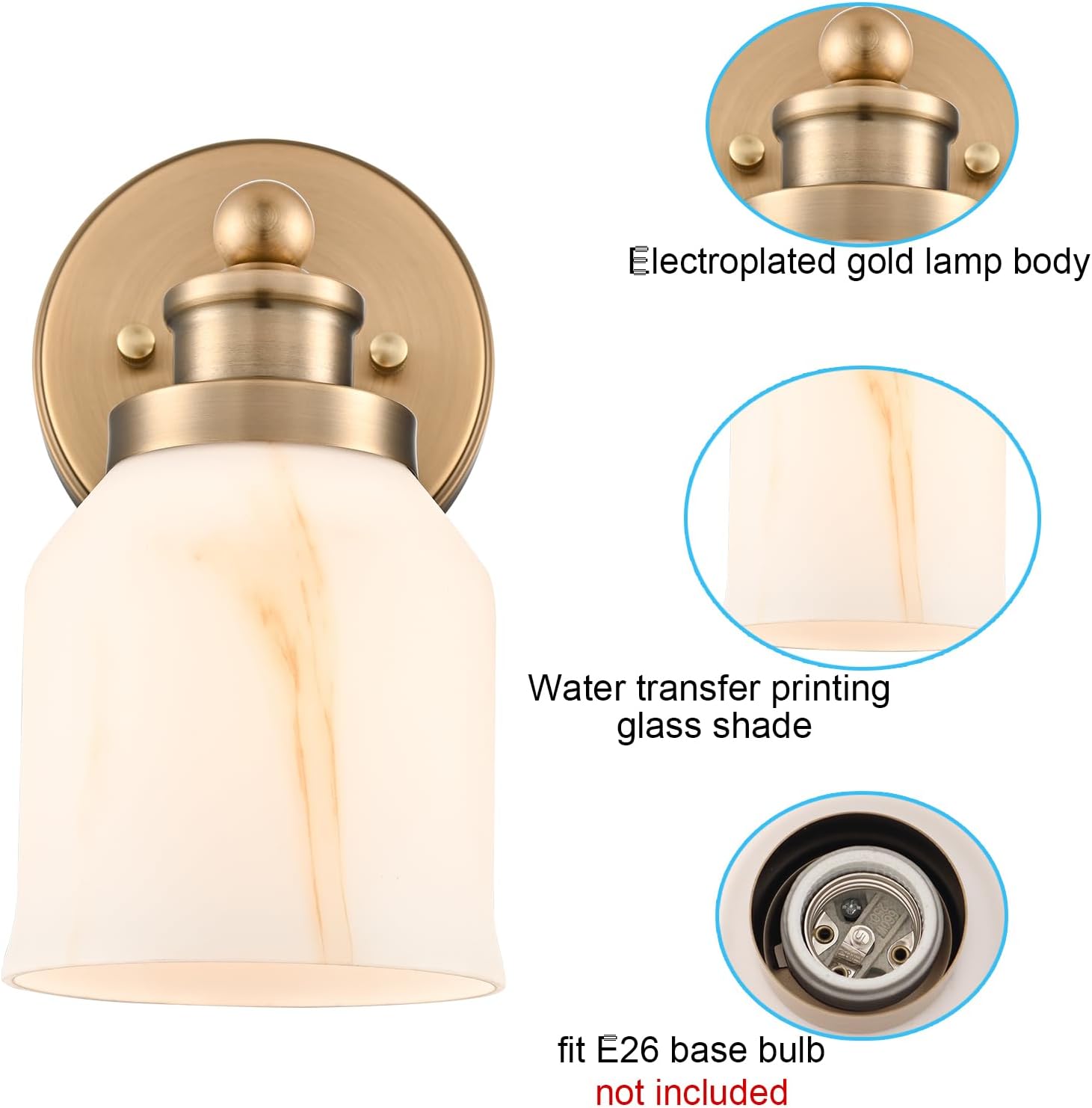 HYDELITE Modern Gold Bathroom Vanity Light Fixtures with Water Transfer Glass Shade Bell-Shaped Wall Sconce 1-Light Wall Light for Bathroom Mirror Bedroom Hallway Washroom