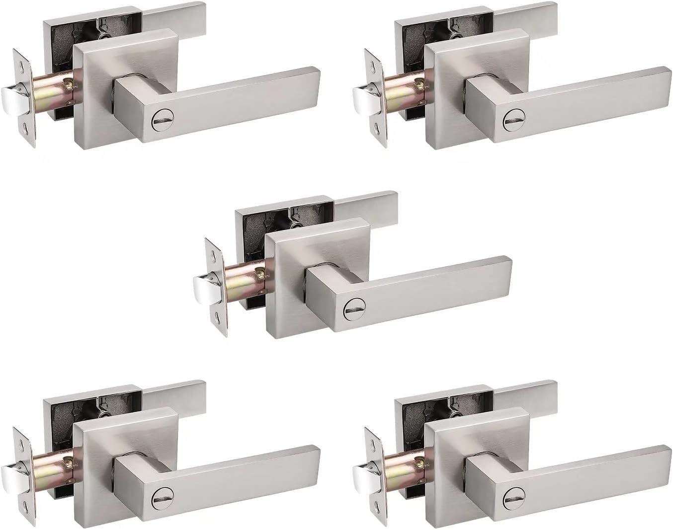 Probrico 5 Pack Square Door Lever Privacy Door Lock Handleset Keyless Lockset Door Knobs Storage Room Bathroom Set No Key in Satin Nickel
