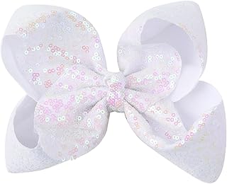 8 Inch White Sparkly Glitter Sequin Hair Bows for Girls