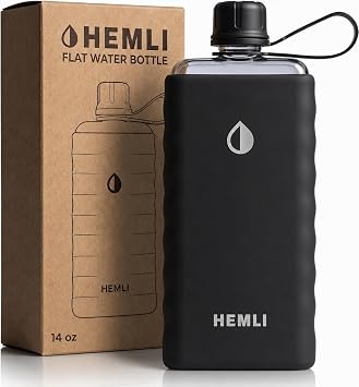 Tritan Flat Water Bottle with SIlicone Case, Square Water Bottle For Travel, Bags, and Purses, Slim Lightweight Leakproof Black, 14 oz