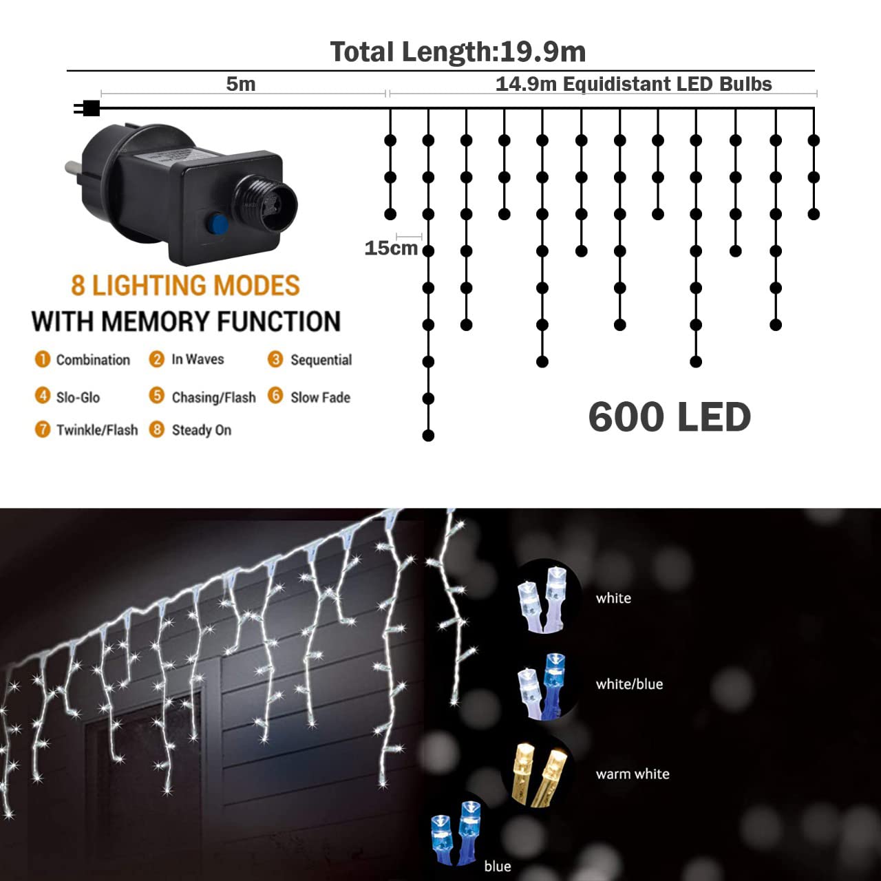 960 LED Icicle Christmas Lights - 78ft Blue & White With 8 Functions & Memory