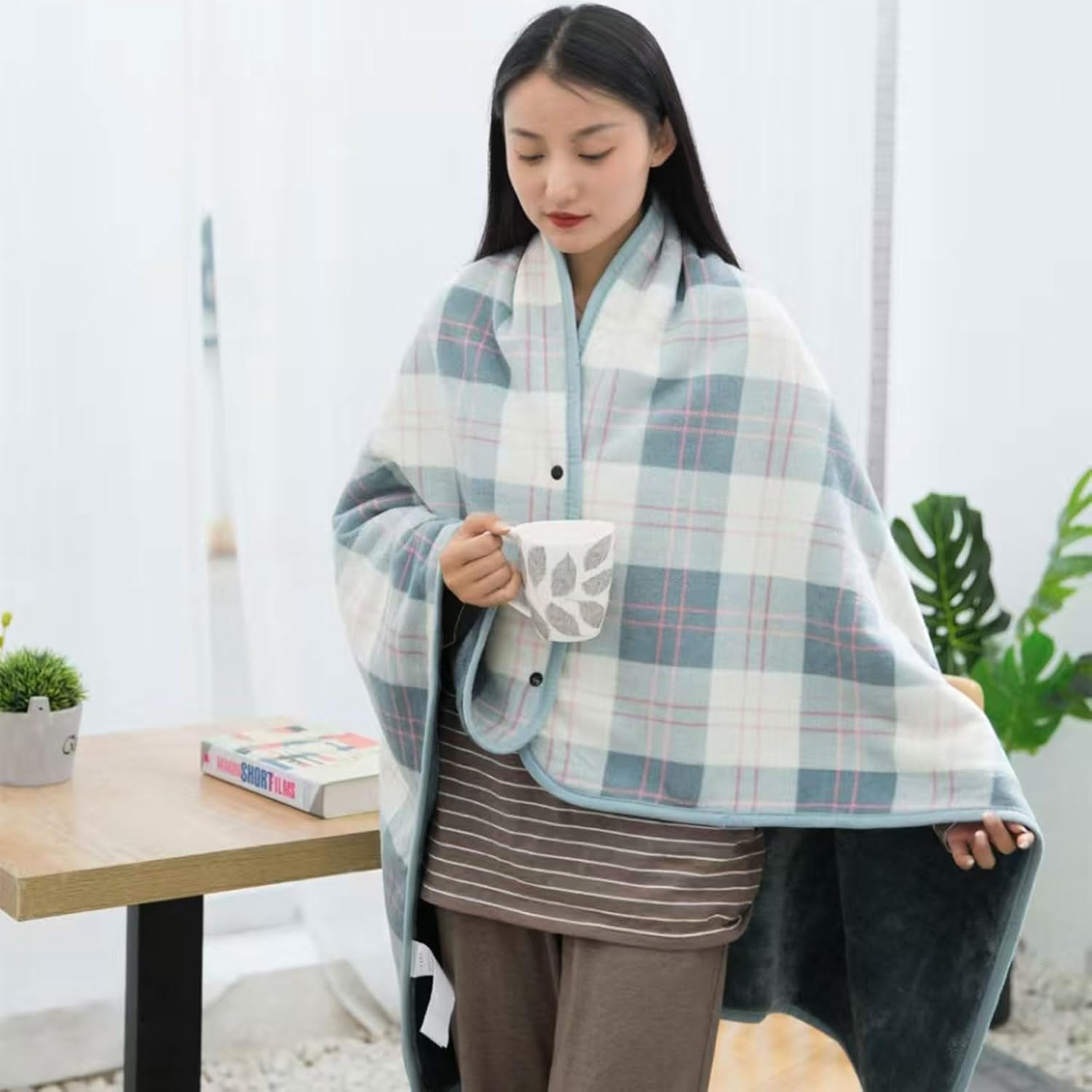 forestfish Fleece Wearable Blanket, Plaid Lap Blanket Comfy Poncho Throw with Buttons for Bed Sofa Office - Image 2