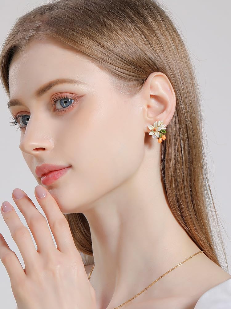 Orange Blossom Flower Kumquat Pearl Enamel Stud Earrings Handmade Jewelry Gift Juicy Grape Mothers' Day