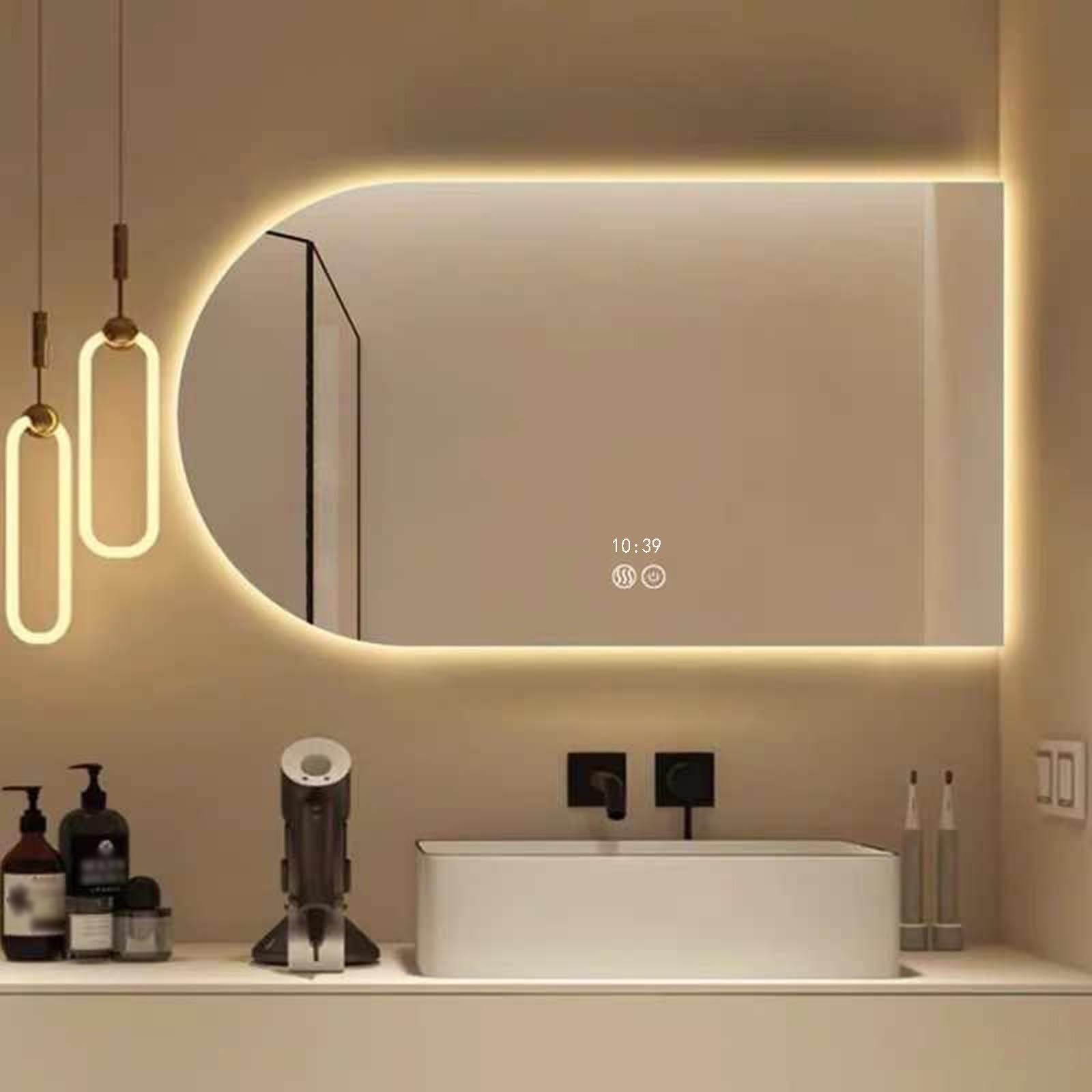 SXFSDOU Illuminated Bathroom Mirror Curved Edgeless Wall with Time/Temperature Display 3 Color Temperatures Custom (50cm x 80cm / 19.7" 31.5")