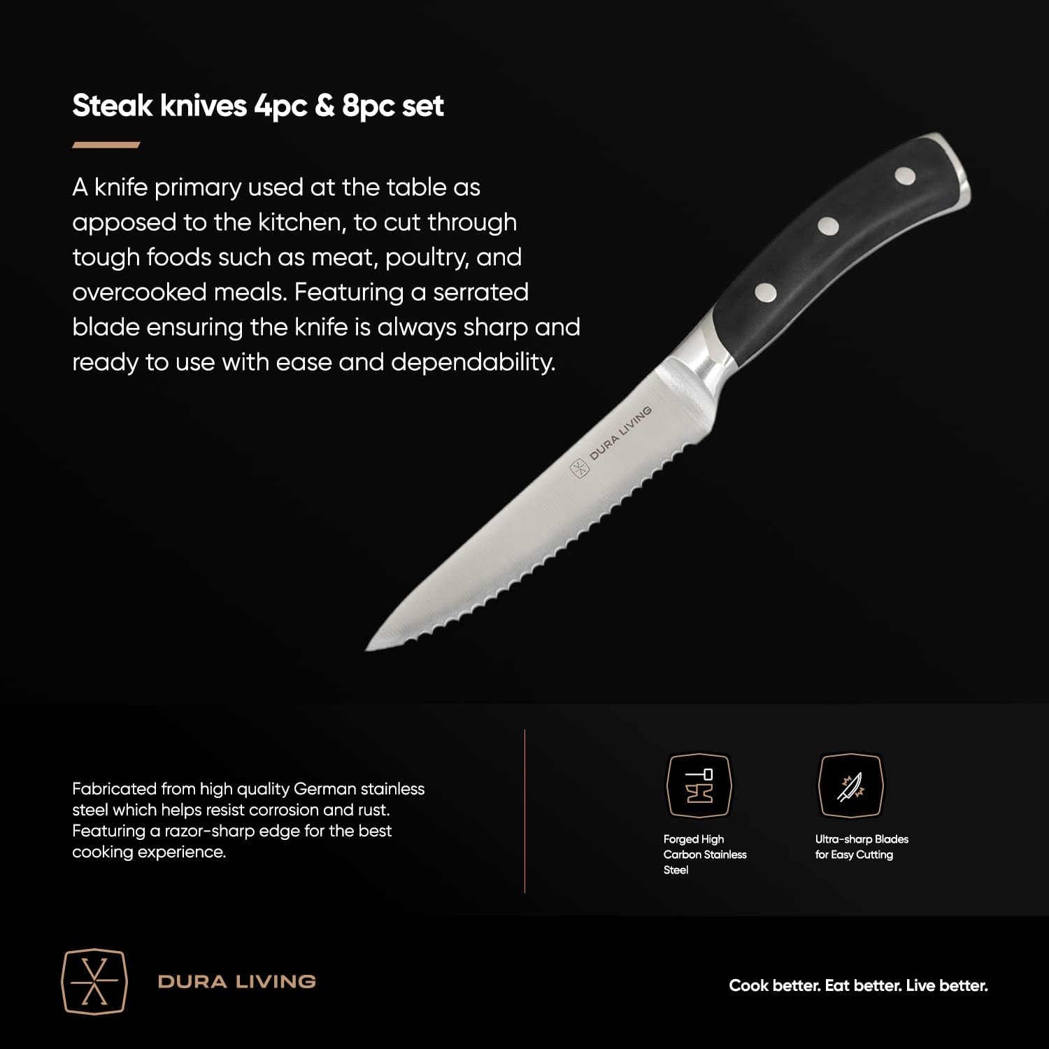 DURA LIVING 8-Piece Serrated Kitchen Steak Knife Set – Forged High Carbon Stainless Steel, Ultra Sharp, Ergonomic Black Handles, Durable Dinner Knives, Black Handle
