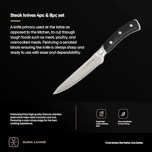 Miniatura 5 de Elite - Juego de 4 cuchillos para carne, acero inoxidable forjado de alto carbono, con asas negras ergonómicas