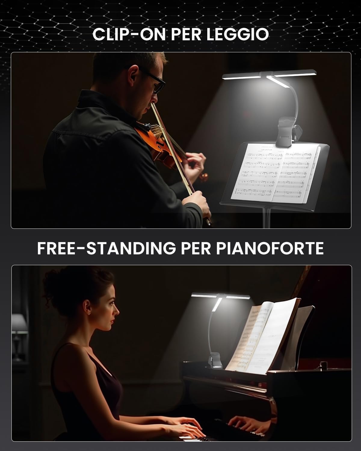 Ultra-Ampia 36CM Luce da Leggio Musicale a Pinza, 57 LED Super Luminosi, 4 Colori x 3 Luminosità, Pieghevole Forma-T Lampada Pianoforte per Spartiti e Lettura Libri, Ricaricabile USB-C