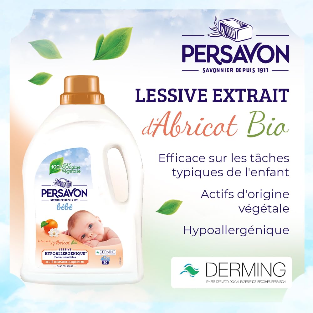 Persavon - Lessive Bébé, à l'Extrait d'Abricot BIO, Hypoallergénique, Peaux Sensibles, Sans Colorant, 30 Lavages - 8x 1500 ml