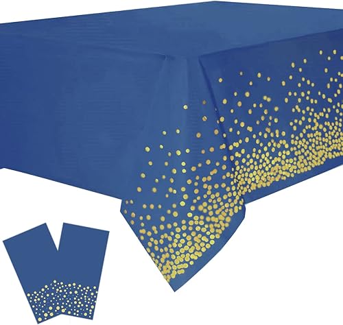 Yancorp Paquete de 4 manteles de plástico desechables azul marino dorado para mesas rectangulares de 54 x 108 pulgadas, decoraciones de fiesta de