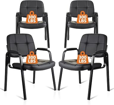 CLATINA Waiting Room Guest Chair, Leather Stationary Office Reception Chairs No Wheel, Comfy Padded Arms, for Conference Room Lobby Home Computer Desk Bedroom Elderly, Black 4 Pack