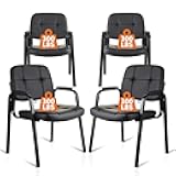 CLATINA Waiting Room Guest Chair, Leather Stationary Office Reception Chairs No Wheel, Comfy Padded Arms, for Conference Room Lobby Home Computer Desk Bedroom Elderly, Black 4 Pack