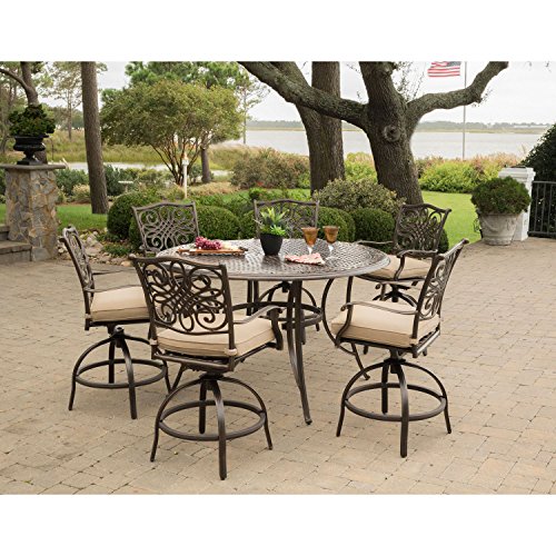 Hanoverhanover Traddn7pcbr Traditions 7 Piece Rust Free Tan Cushions 6 Counter Height Swivel Chairs And Aluminum Round Bar Table Outdoor Furniture Dailymail