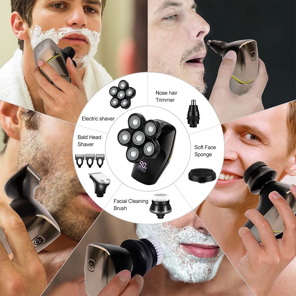 SURKER Rasoio elettrico rotante 6 in 1 da uomo con testa calva, kit di toelettatura elettrico multifunzionale, ricaricabile tramite USB, tagliacapelli impermeabile e senza fili, schermo LED