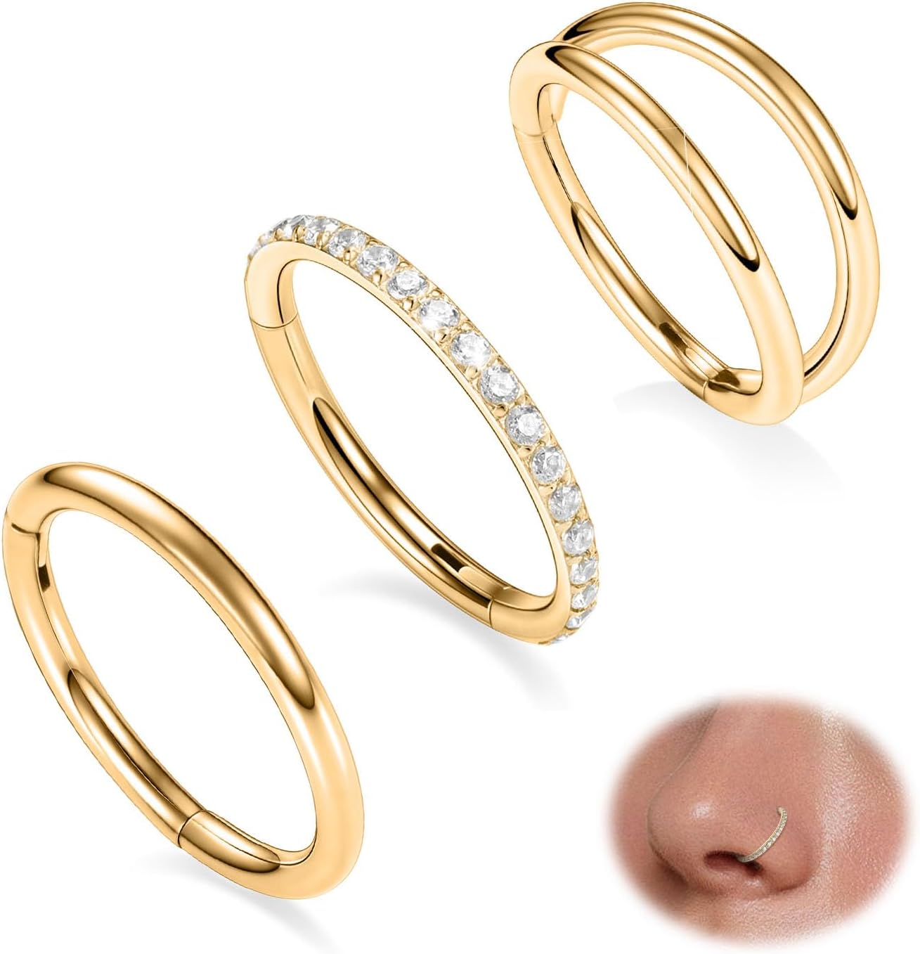 GAGABODY 2 Pcs Nose Rings 20G 18G 16G 14G 12G 10G 8G Surgical Steel Piercing Rings for Nose Septum Cartilage Helix Tragus Conch Rook Daith Lobe from 5mm to 16mm Seamless Hoop Unisex Hinged Earrings