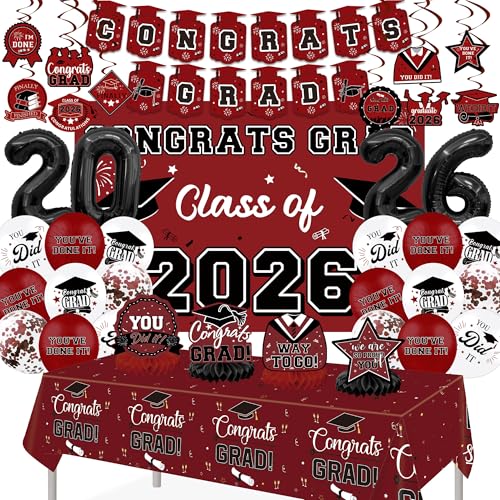 DMIGHT Graduation Decorations 2026 Class of 2026 Backdrop Banner 2026 Foil Balloons Tablecloth Hanging Swirls Honeycomb Centerpieces Party Supplies Decorations Set for College (MAROON)