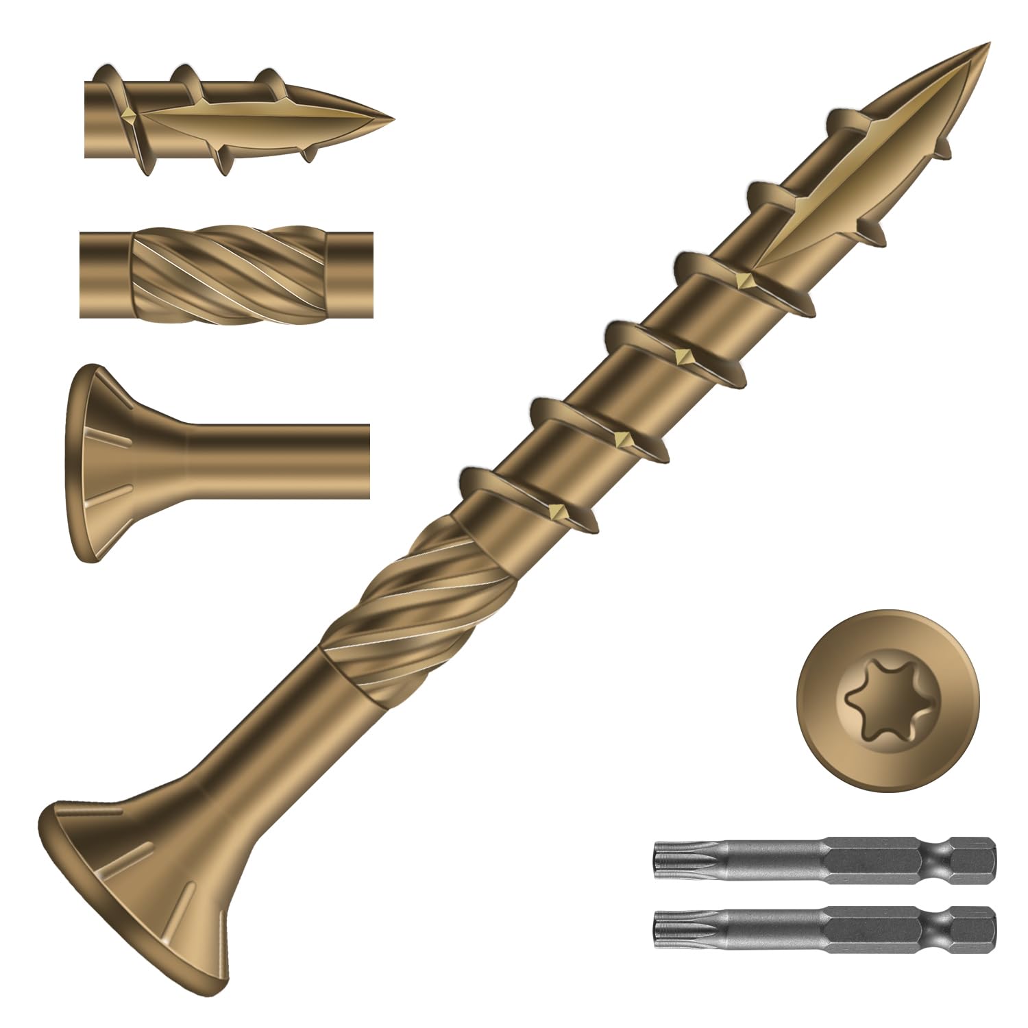 #8 x 1-1/2″ Deck Screws (322Pcs) 2lb. Carbon Steel, Yellow, Flat Head, Rust Resistant epoxy Coated, with T25 Star Bit