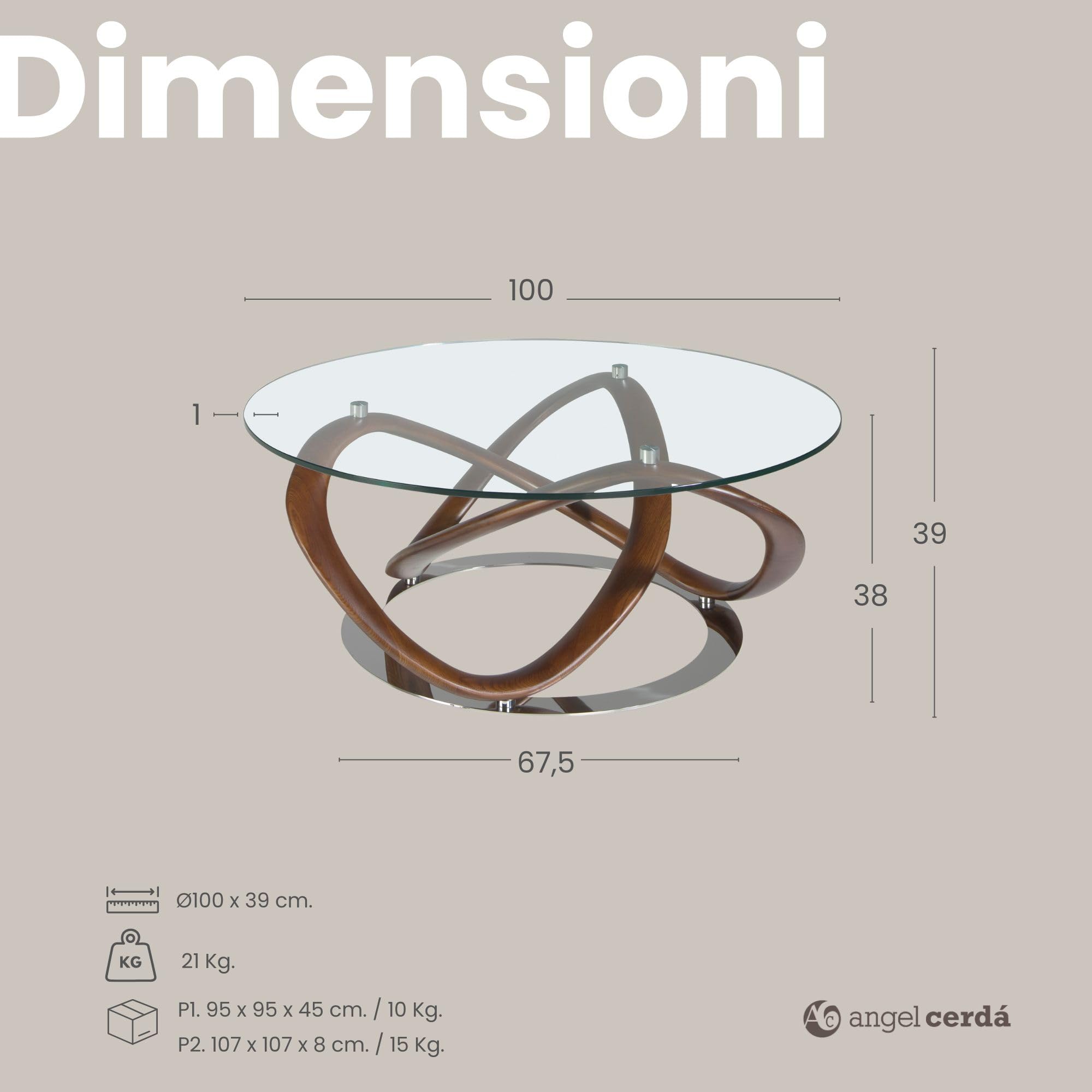 Angel Cerdá – Tavolino Salotto Moderno in Vetro Temperato e Legno di Faggio color Noce | Tavolino Rotondo Contemporaneo ed Elegante | Gambe in Legno | Ideale per il Soggiorno | Ø100 x 39 cm