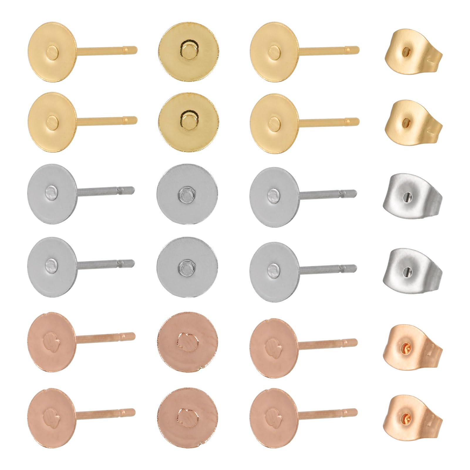 Craftdady 60Pcs 5mm Stainless Steel Earring Post and Backs Gold Silver Flat Pad Earring Blanks Studs Making Kit with Butterfly Backs for Women Crafts