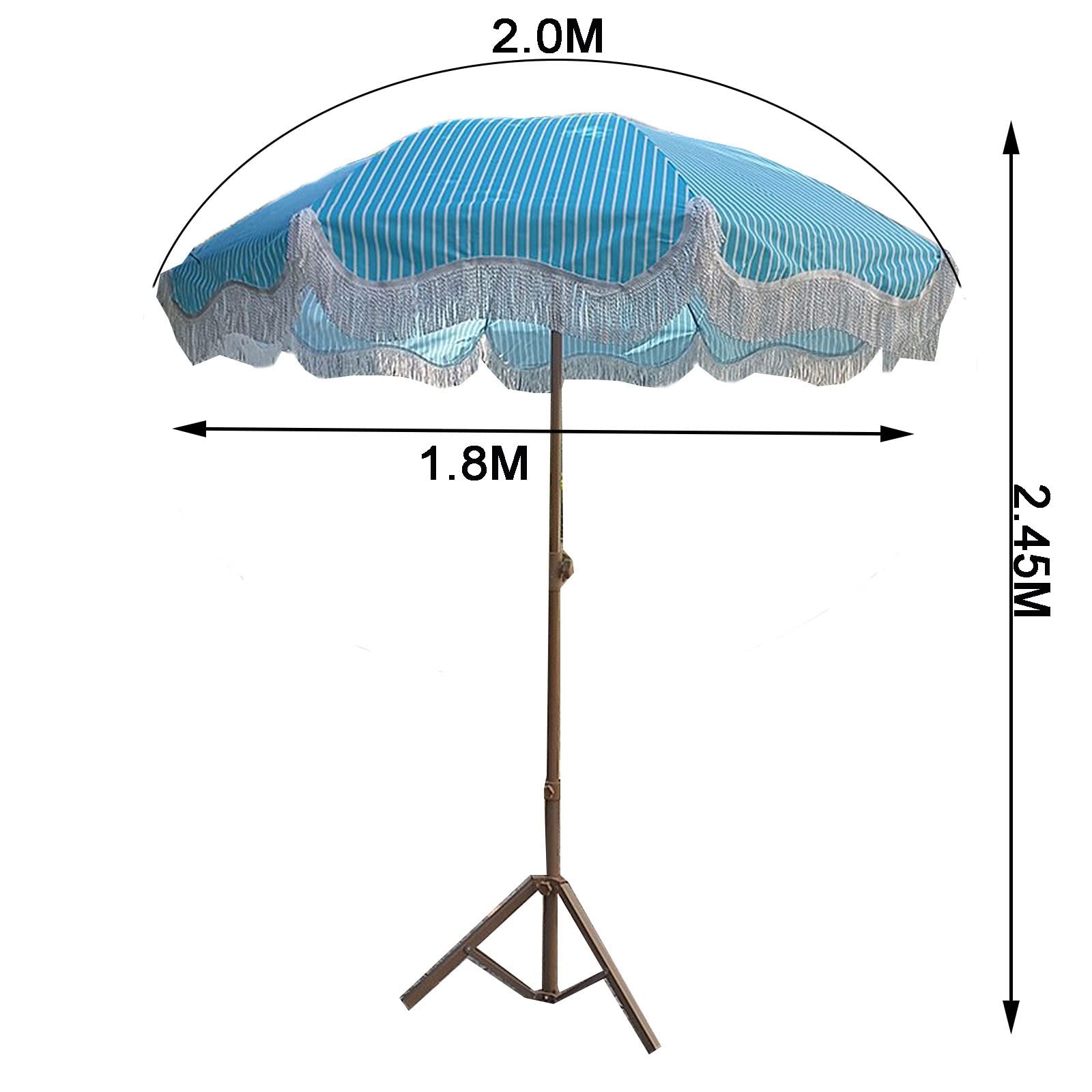 Zewnętrzny parasol plażowy chroniący przed promieniowaniem UV, duży, 2 m, niebieskie paski, regulowany kąt 8 ząbków, lekka koronka z frędzlami, z torbą do przenoszenia, klosz balkonowy