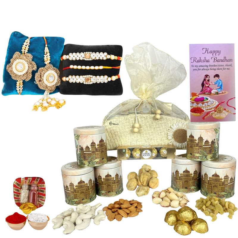 Image of NUTRI MIRACLE Rakhi Gift Filled with Nuts and Assorted Chocolate Bites | Guest Gift Hamper of Healthy Dry Fruits