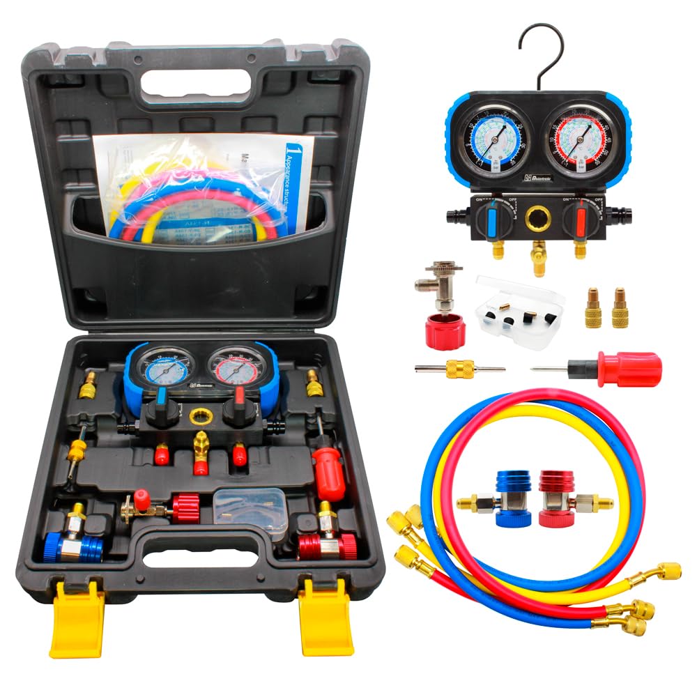 Manómetro con glicerina Maletin Set Manometros para Aire Acondicionado con Glicerina para Precisión Gas Refrigerante R22, R134a, R410 Manómetro para Recarga de Gas Refrigerante Antivibraciones