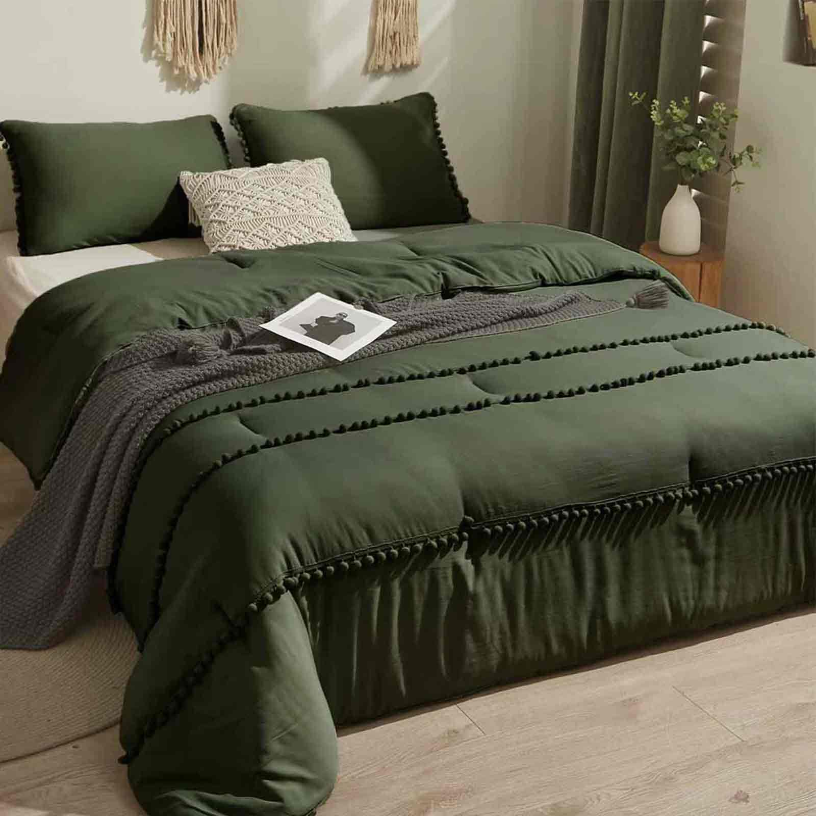 ETDIFFE Dark Olive Green Comforter Set Queen Size, 3 Piece Boho Chic