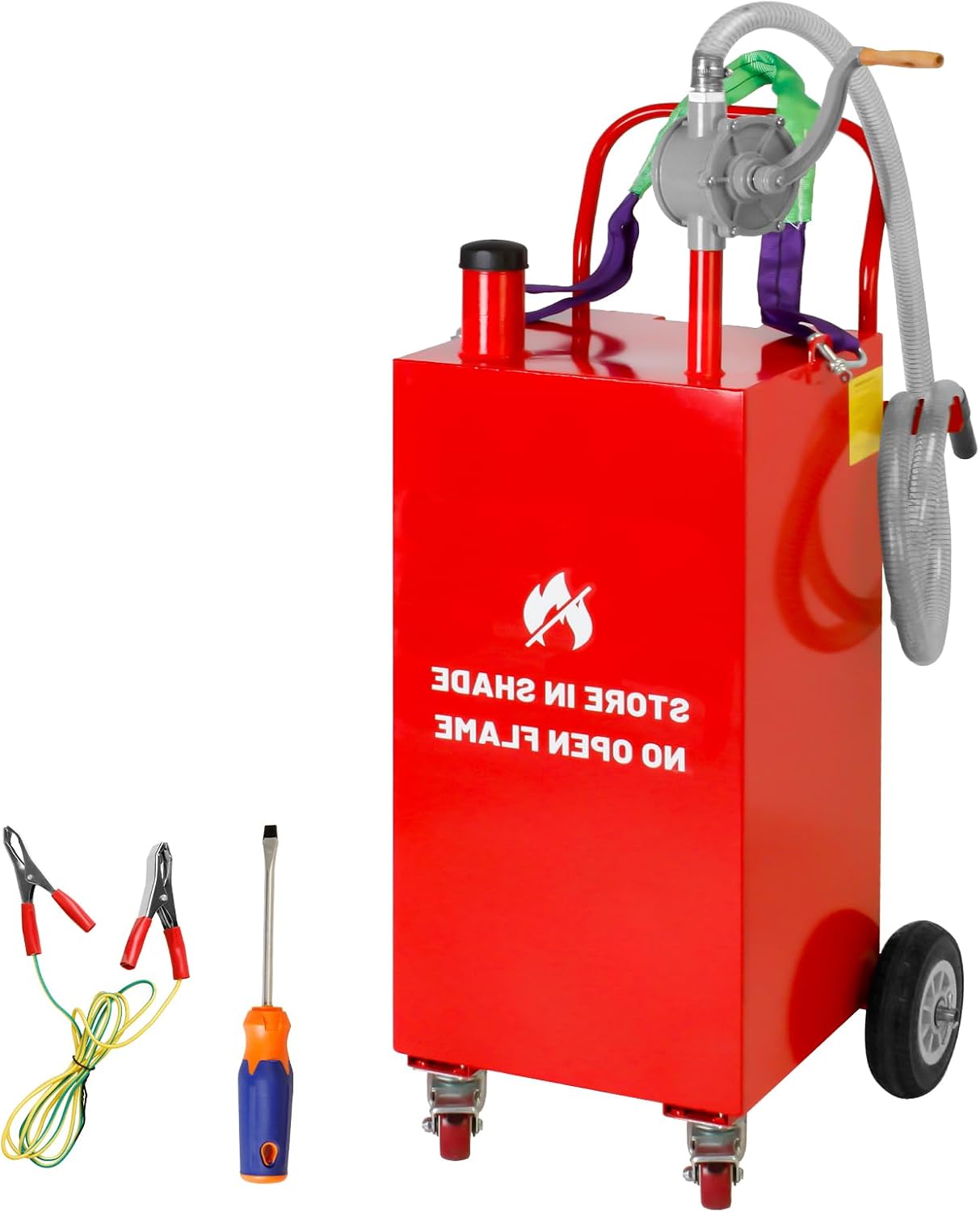 Gas Caddy 30 Gallon Portable Fuel Caddy with Wheels and Hand Bidirectional Siphon Pump, Large Container Diesel Can for ATV, Car, Mowers, Tractor, Boat, Motorcycle (Red)