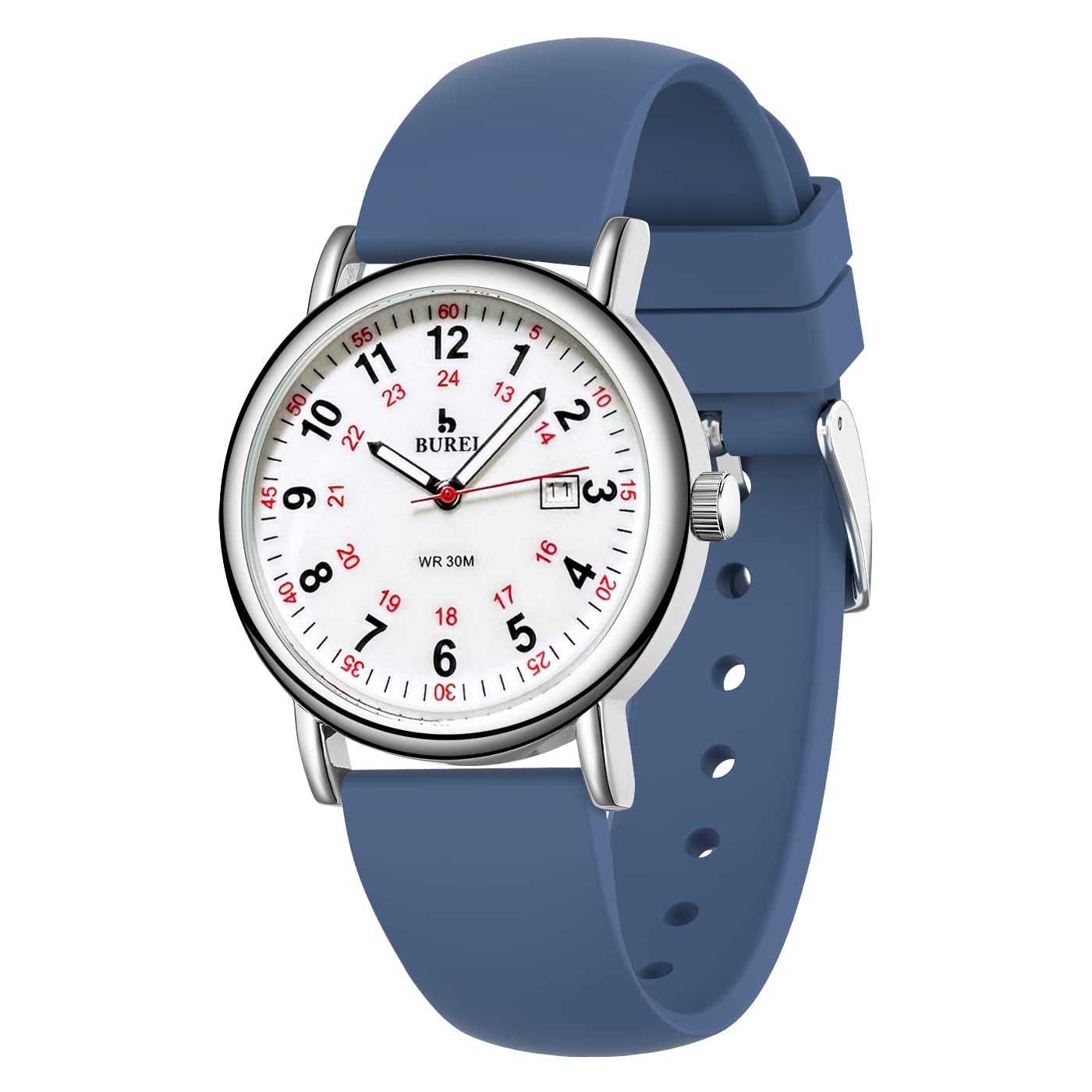 BUREI Nurse Wrist Watch for Nurse Medical Professionals Students Women Men, Waterproof 12/24 Hour Military Time Luminouse Easy Read Dial,Colorful Silicone Band (White/Sliver/Blue)