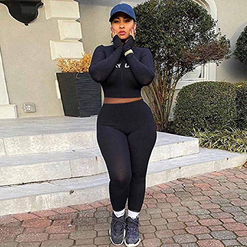 2 Piece Outfits for Women - Casual Two Pc Long Sleeve Crop Top + Skinny Jogger Pants Sweatpants Sets Sweatsuits Tracksuits Jumpsuits Clubwear Black Large - Thumbnail 2