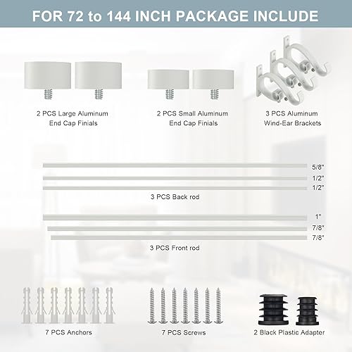 Miniatura 6 de Barras de cortina opacas dobles de 72 a 144 pulgadas (6-12 pies), 1 pulgada delantera y 58 pulgadas trasera ajustable, barra de cortina de doble