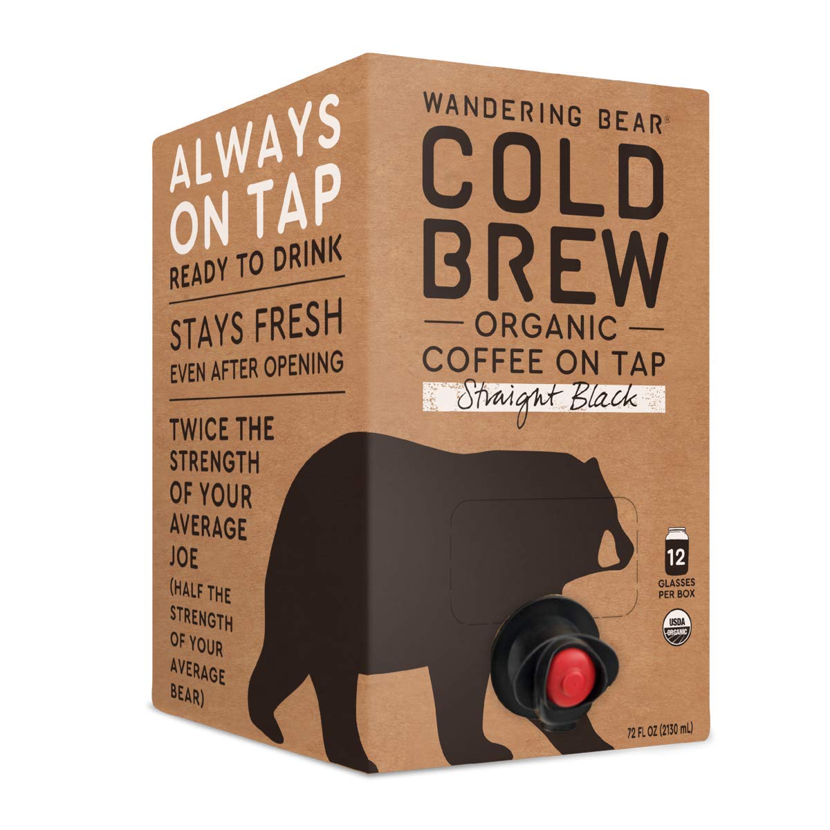 Wandering Bear Extra Strong Organic Cold Brew Coffee On Tap, Straight Black, 72 fl oz - Smooth, Unsweetened, Shelf-Stable, and Ready to Drink Cold Brew