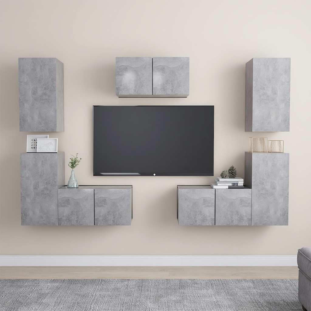 7-TLG. TV-Schrank-Set Betongrau, Holzwerkstoff, Hängend, Modernes Media-Center für Wohnzimmer, Schlafzimmer, Stauraum