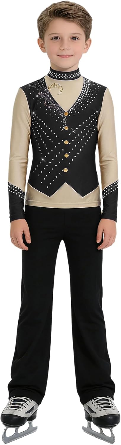 Kids Boys Latin Jazz Dance Outfit Shiny Rhinestone Shirt and Pants Clothing Sets Figure Ice Skating Suit Black 14 Years