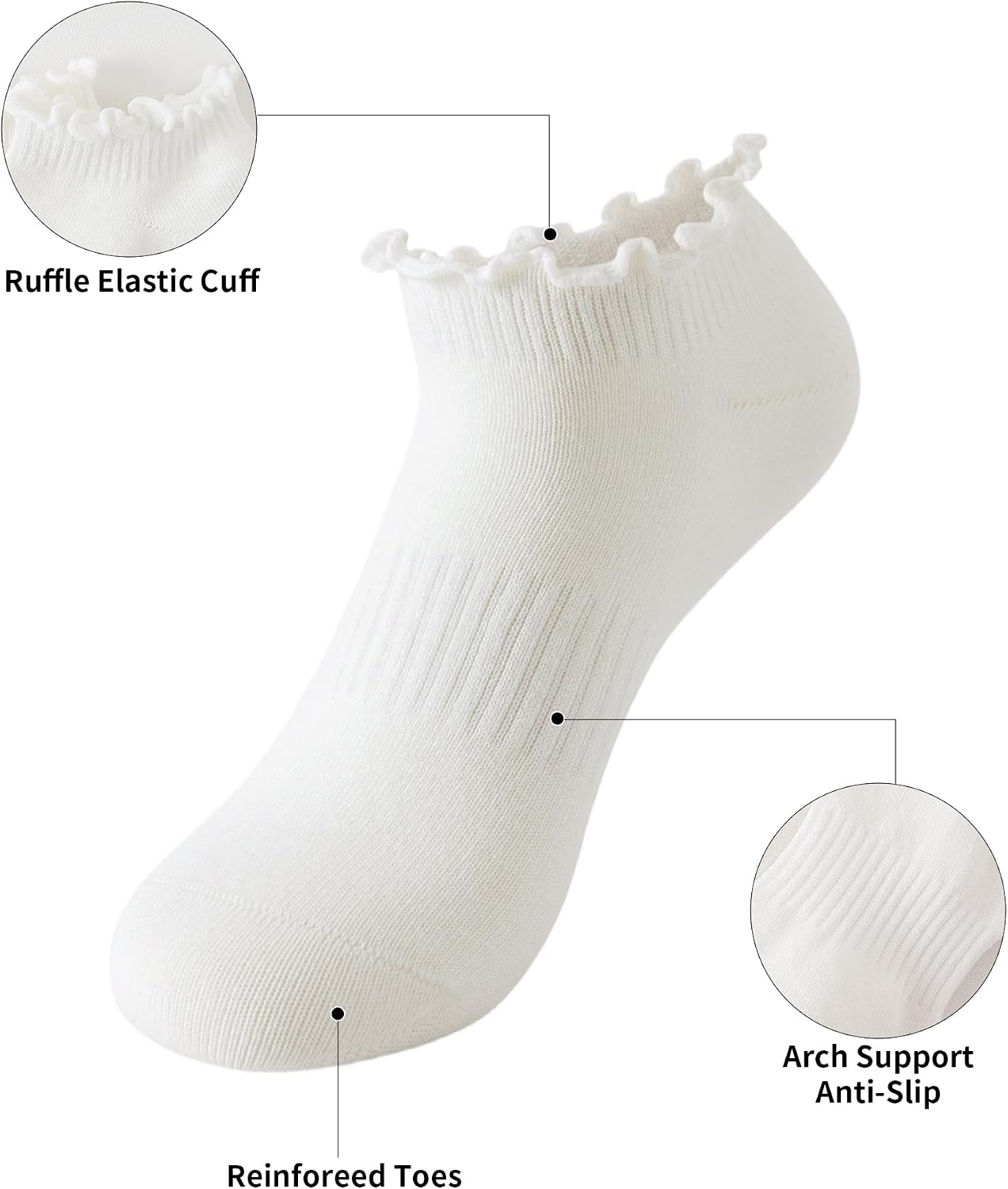 Yawlsow No Show Socks Womens Cute Ruffle Ankle Socks Low Cut Frilly Non Slip Cotton Sock 3/6 Pairs