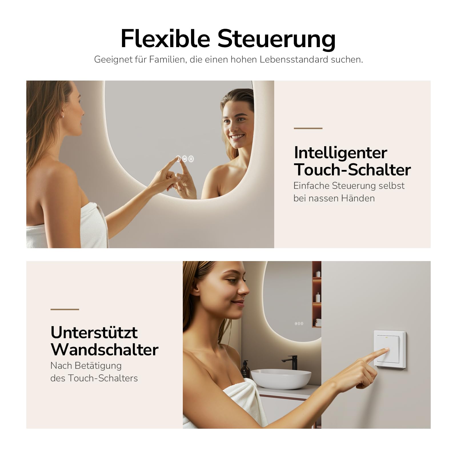 EMKE Spiegel mit Beleuchtung Asymmetrischer LED Badspiegel 75 x 55 cm Touch-Schalter, 3 Lichtfarben Dimmbar, Beschlagfrei Badezimmerspiegel mit Beleuchtung IP44 Energiesparend