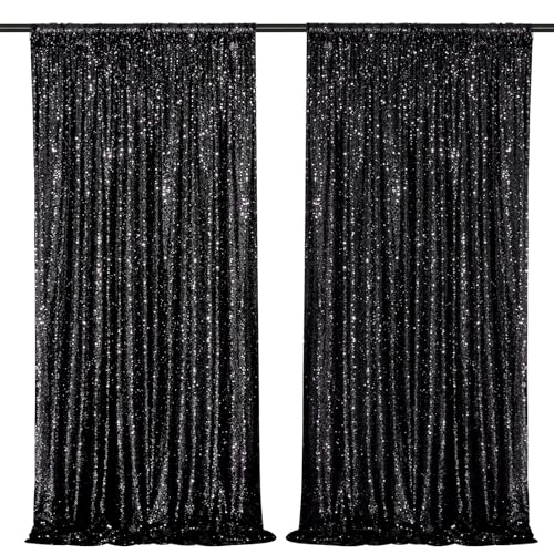Image of Black Sequin Backdrop Curtains,2 Panels 4FTx8FT Black Curtain Backdrop Glitter Party Decorations Background Drapes for Wedding Birthday Anniversary Graduation Photo Booth Decor