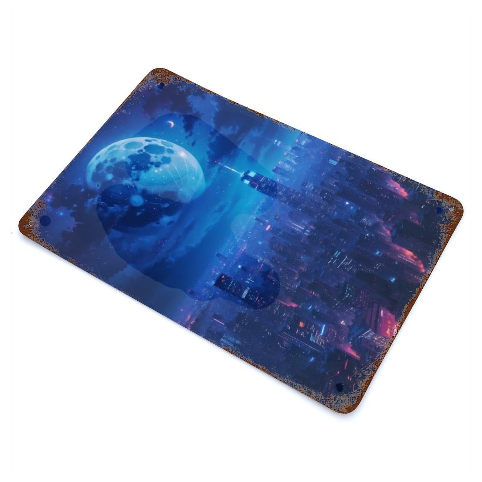 Celestial Cityscape 11.8"x7.9" Rusty Metal Tin Sign, Farmhouse Wall Decor for Office, Studio And Wall Decor